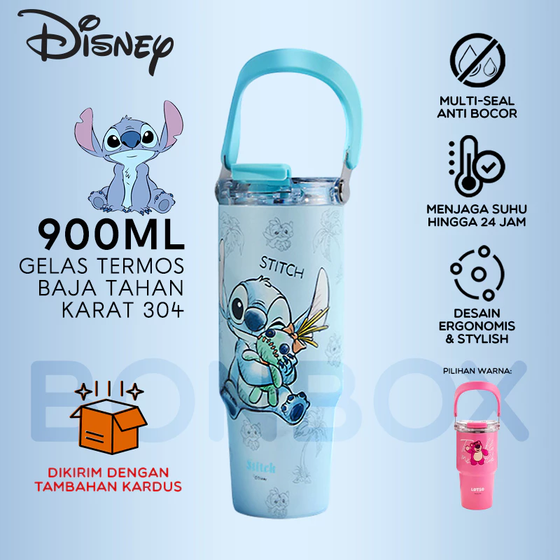 Disney Stitch Tumbler Botol Minum Karakter 3in1 Phone Stand Handle - Stainless Steel 316 900ml Portable Termos Sedotan