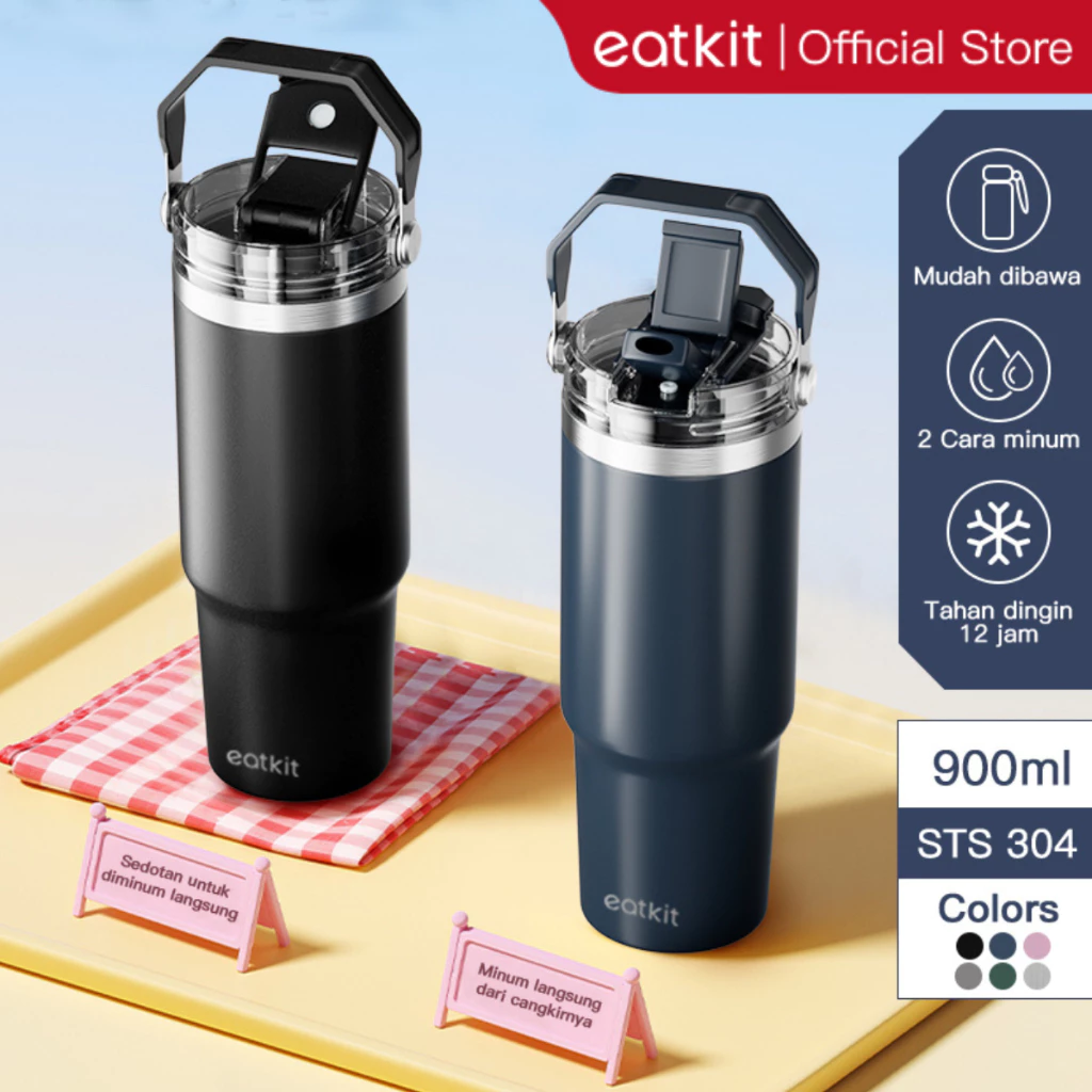Eatkit Tumbler Minum Stainless Steel 890ml Handle 2in1 Vacuum Insulated Portable Thermos Tahan Panas