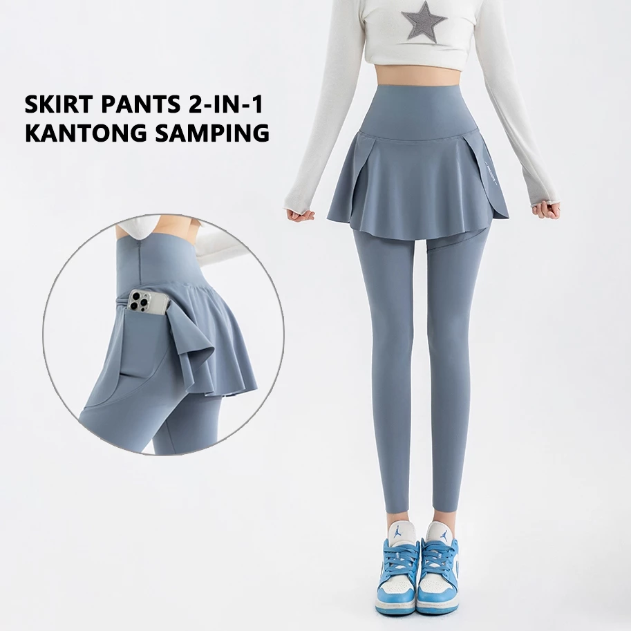 YOBAO 2-in-1 Legging Rok Celana Olahraga Wanita Highwaist Skirt Pant Gym Zumba Pilates Yoga